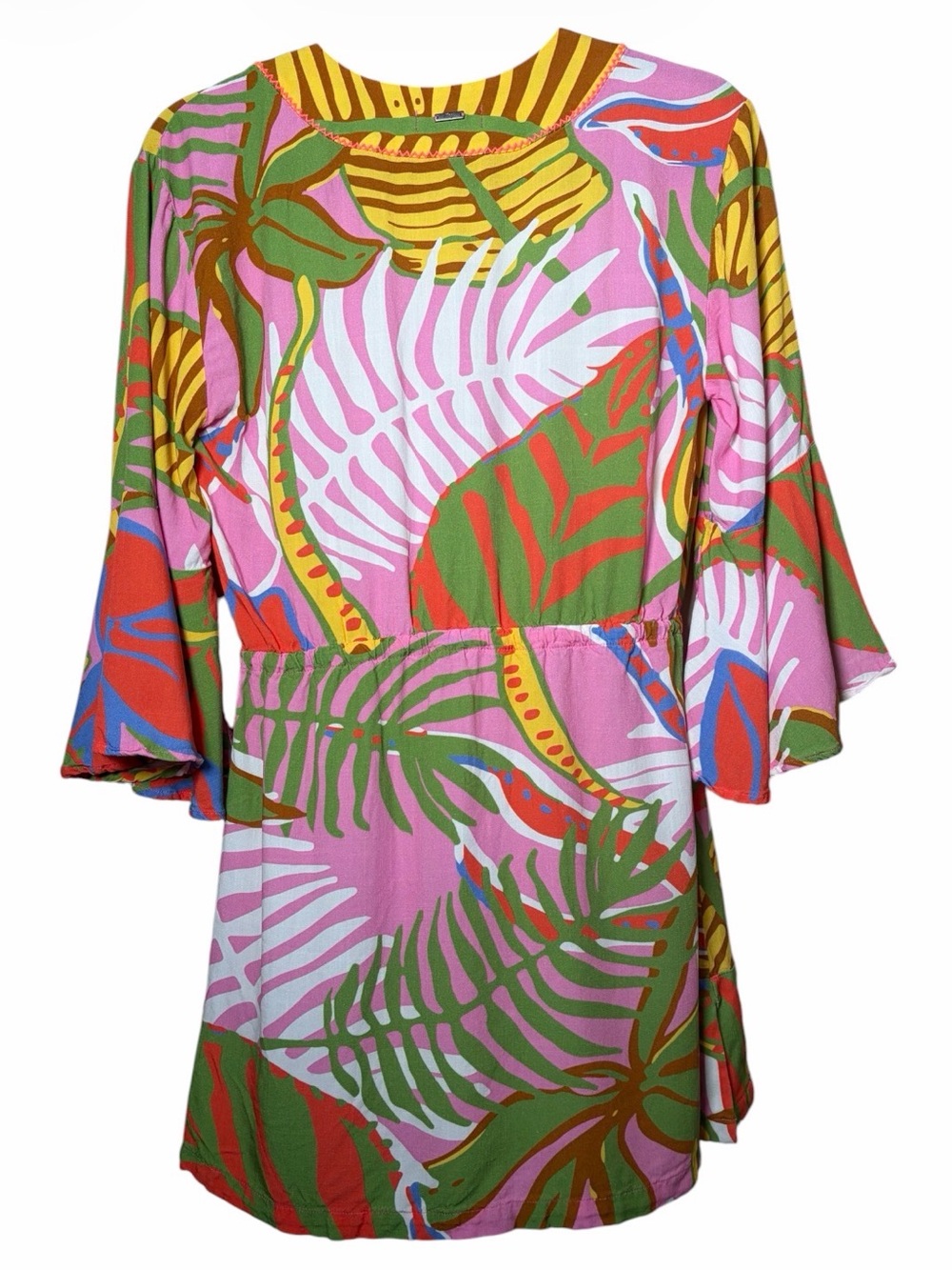 Maaji Joy Caftan Mini Dress Swim Cover Tropical Print Bell Sleeve Size Medium - Picture 5 of 11
